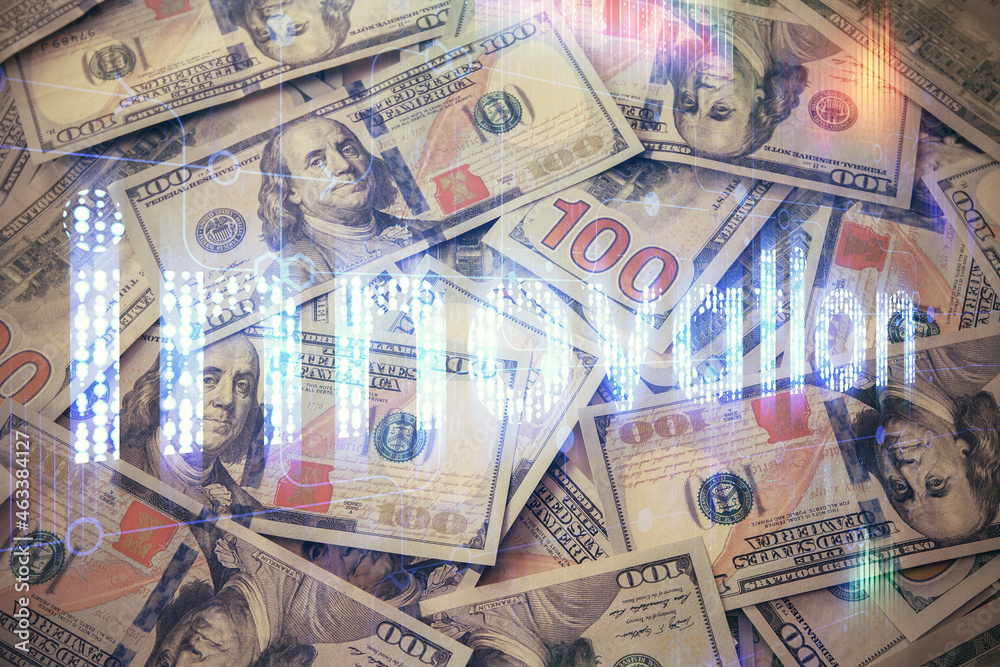 Obraz premium Double exposure of data theme drawing over us dollars bill background. Technology concept.