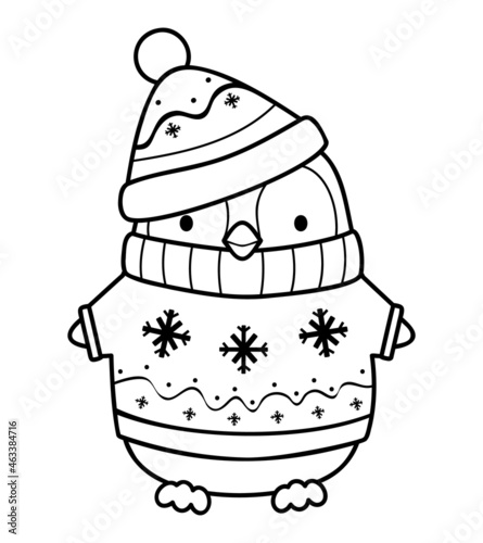 Christmas coloring book or page. Christmas penguin black and white vector illustration