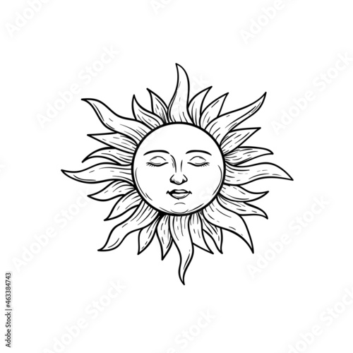 The Sun with face and closed eyes. Mystical heaven hand drawn illustration. Sketch style. Astrology and witchcraft symbol. Engrave vintage stylized. Vector drawing.