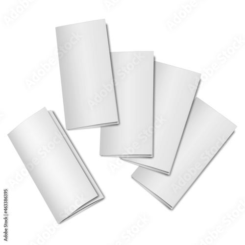 Closed A4 trifold blank white paper brochures - vector mockup. Folding leaflet mock-up. Tri-fold flyer set. Template for design