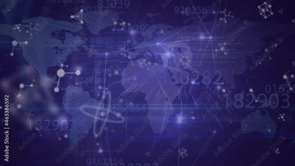 Animation of world map over network of connections on purple background Animation of world map over network of connections on purple background