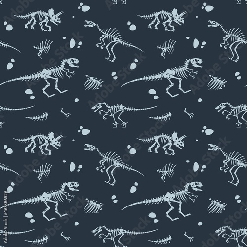 Dinosaur bones pattern. Cartoon seamless texture with prehistoric reptile skeletons. Ancient paleontology fossil. Jurassic lizard silhouettes background. Vector extinct animals print