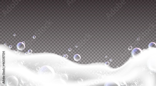 Shampoo foam border. Realistic soap bubbles on transparent background. Bathtub and laundry soapy water creamy texture. Washing suds. Soft spume waves. Vector detergent froth frame template