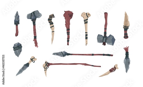 Prehistoric weapon. Cartoon fantasy game ancient fight inventory. Primitive axe and bow. Hunting knife. Spear with bone or rock tip. Barbarian wooden baton. Vector stone age tools set photo