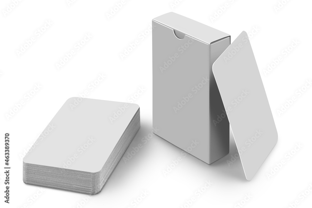 Stack of playing cards with box isolated on white