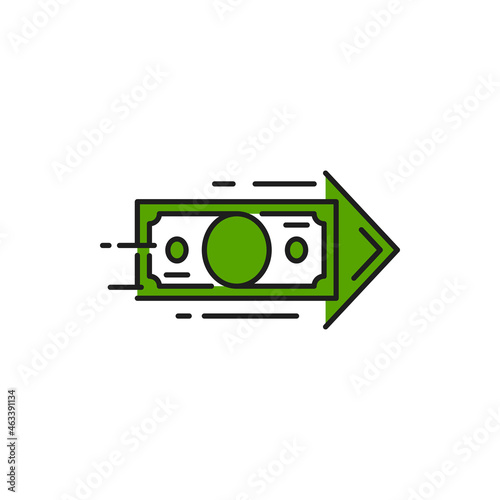 Cashback or revenue, return or refund on investment concept, arrow payment color line icon. Vector fast pay or cash receiving, currency conversion, money transfer, financial service, green dollar bill