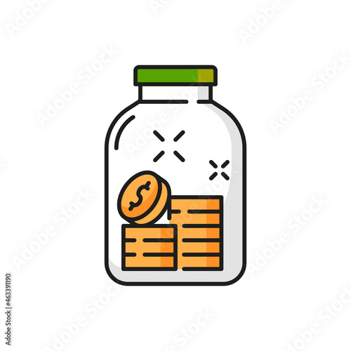 Money in glass jar moneybox isolate color line icon. Vector growth of income and savings, investment and wealth symbol, pile heap of gold coins. Business success, insurance, saving money in moneybox