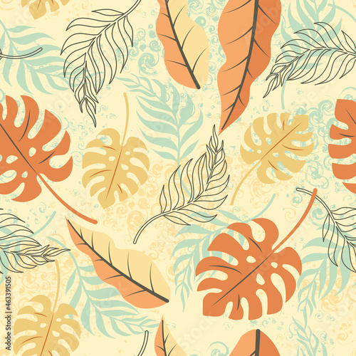Tropical seamless pattern. Trendy exotic pattern with plants and animal prints. A vibrant  modern floral pattern. Vector illustration.