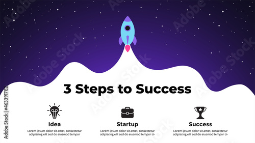 Startup vector Infographic. Rocket launch into space. Presentation slide template. Business success diagram chart. 3 steps parts.
