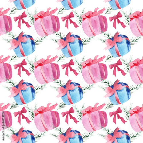 Watercolor seamless pattern with gifts. Boxes with bows. Holidays, merry christmas, new year, Sale.