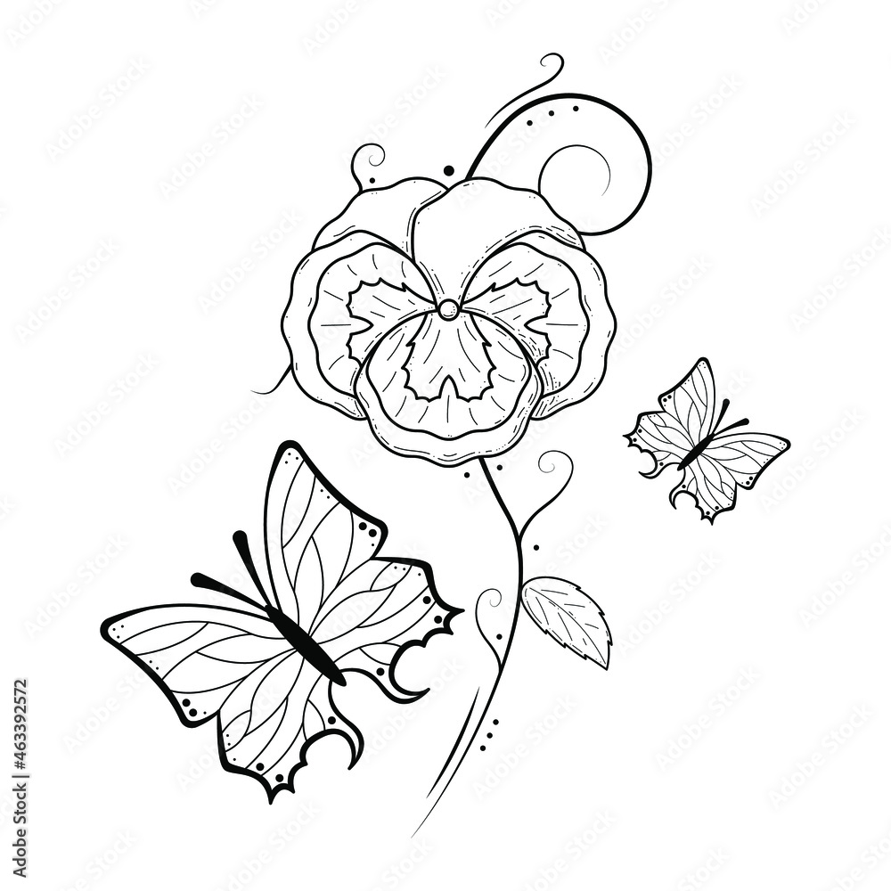 Abstract Butterfly Insect With Plants Botanical Flower Bruch Doodle Outline Vector Design Style