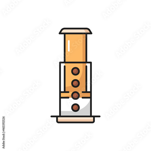 Aeropress device for making coffee isolated flat line icon. Vector alternative coffee brewing method, pushing hand scheme process, aero press with glass cup. Professional coffeemaking equipment