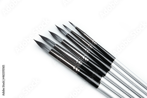 Different brushes with paints on white background. View of various professional paint brushes isolated on white. Set of brushes for painting in a case