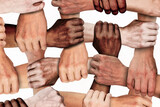 The clenched hands of working people of different nationalities with different skin colors. Social protest against injustice and racism. Black Lives Matter.