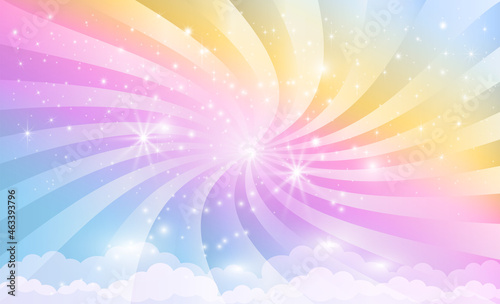 Background of pink magic rainbow sky with stars and spiral rays of light.