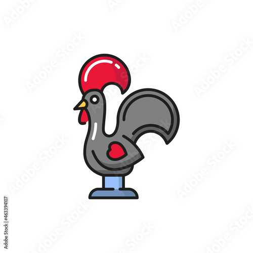 Kids toys cockerel cock, portuguese souvenir Barcelos rooster traditional symbol of Portugal isolated flat line icon. Vector rooster galo de barcelos, medieval gift bird with red cock and tail