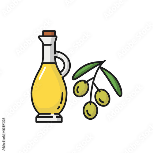 Jar with olive oil and branch of ripe berries isolated flat line icon. Vector portuguese oils on twig with leaves, natural cosmetics and glass bottle of extra virgin oil food dressing, healthy plant