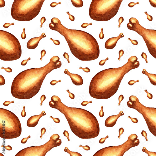 Watercolor painting pattern of fried chicken legs. Thanksgiving autumn background with roasted turkeys. Seamless repeating holiday print. Isolated over white background. Drawn by hand.