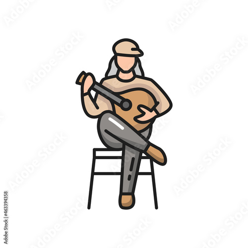 Fado Portuguese music player guitarist with guitar isolated. Vector Portugal guitarist, singer with ukulele guitar sitting singing songs. Folk music, character play on national musical instrument