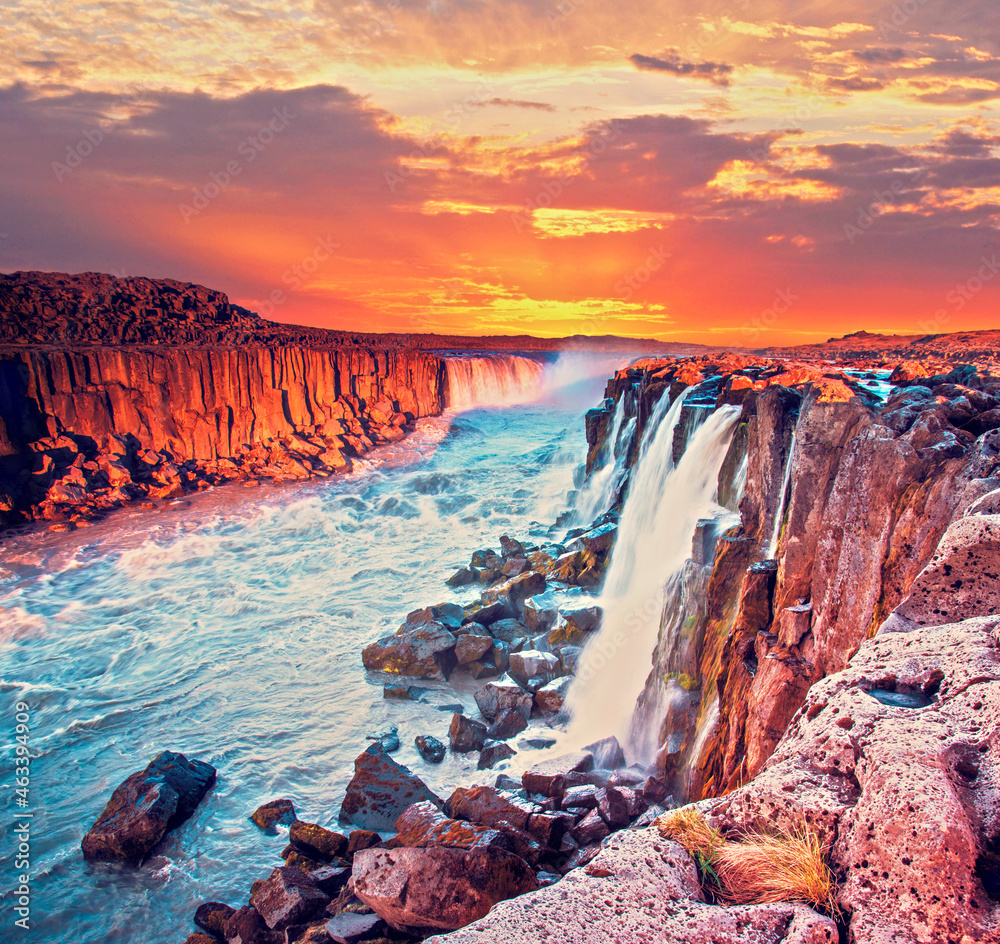 Charming magical view with famous waterfall Selfoss in Iceland at sunrise. Exotic countries. Amazing places. (Meditation, antistress - concept).