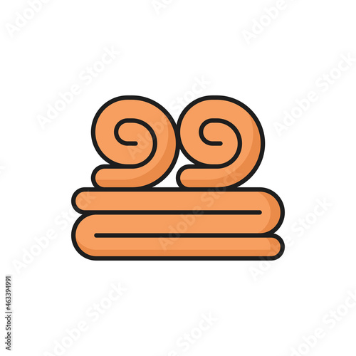 Towels folded or rolled spa cloth isolated flat line icon. Vector stack of hygiene orange fleece material. Hotel, bath, pool or beach, kitchen towels rolls, bathroom, laundry objects, yoga terries