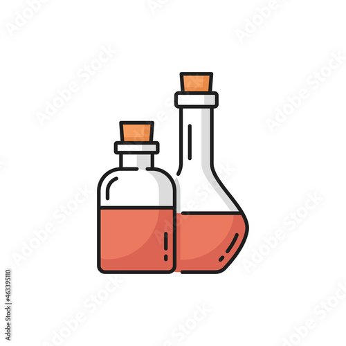 Spa body face cosmetics beauty jars with wooden cork isolated flat line icon. Vector hyaluronic or essence oils, bottles with pink liquids. Jars with covers, skin health care, massage products mockup