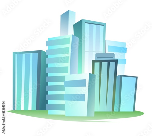 Big city from afar. Skyscrapers and large buildings. Cartoon flat style illustration. Blue city landscape Cityscape. Simple design. Isolated on white background. Vector.