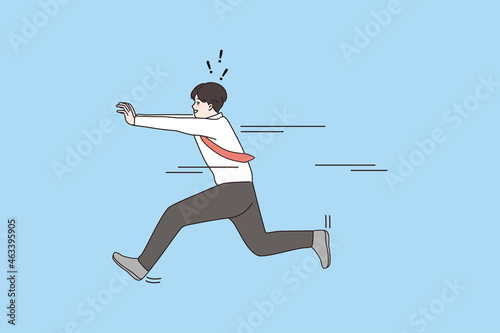 Smiling young businessman run fast reach business financial goal or purpose. Happy motivated man pursue something. Motivation, aim accomplishment achievement. Flat vector illustration. 