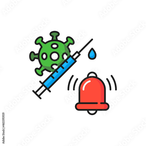 Coronavirus vaccination time, ringing bell, syringe and covid bacteria isolated color line icon. Vector ready to vaccinate, injection immunization campaign. Health care protection, medical treatment