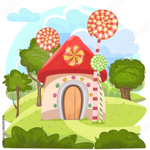Sweet home vector  caramel fairy house. Illustration in cartoon style flat design. Summer cute landscape. Picture for children isolated on white background