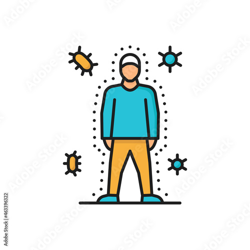 Immune system, health bacteria virus protection isolated color line icon. Vector healthy man reflect bacteria attack with shield. Boost immunity, medicine and healthcare. Medical prevention human germ