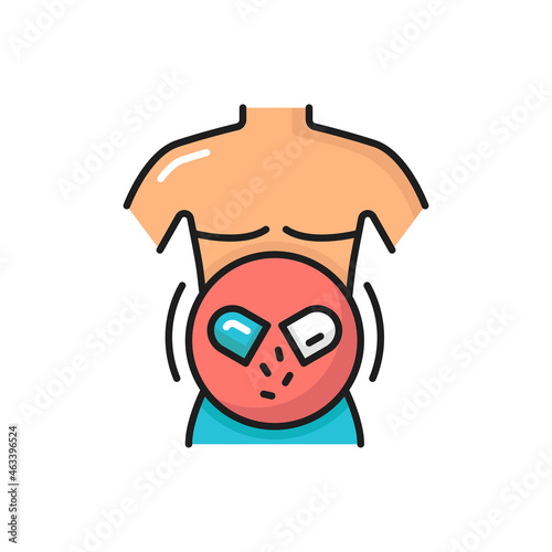Good digestion in human body, probiotics bacteria isolated color line icon. Vector gastro medical drugs packaging, healthcare. Laxative system with lactobacillus and prebiotic pills in capsule