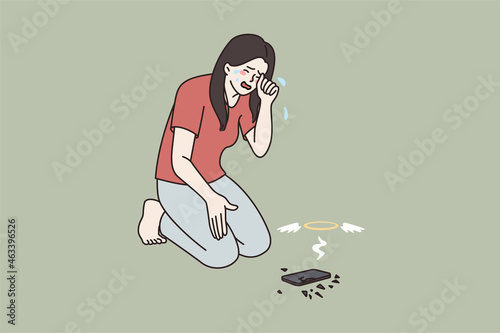 Upset girl cry over broken modern smartphone gadget. Unhappy distressed woman feel hysterical despair stressed with cellphone break down. Technology device addiction. Flat vector illustration. 