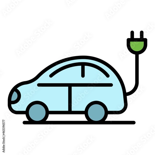 Electric car with plug icon. Outline electric car with plug vector icon color flat isolated