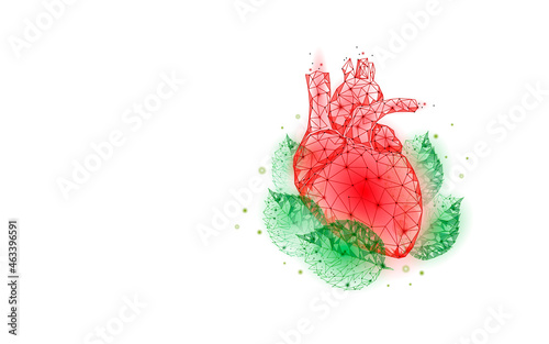 3D heart in green leaves. Harmony feeling happy emotion psychology concept. Mental health soul therapist mind balance. Low poly vector illustration