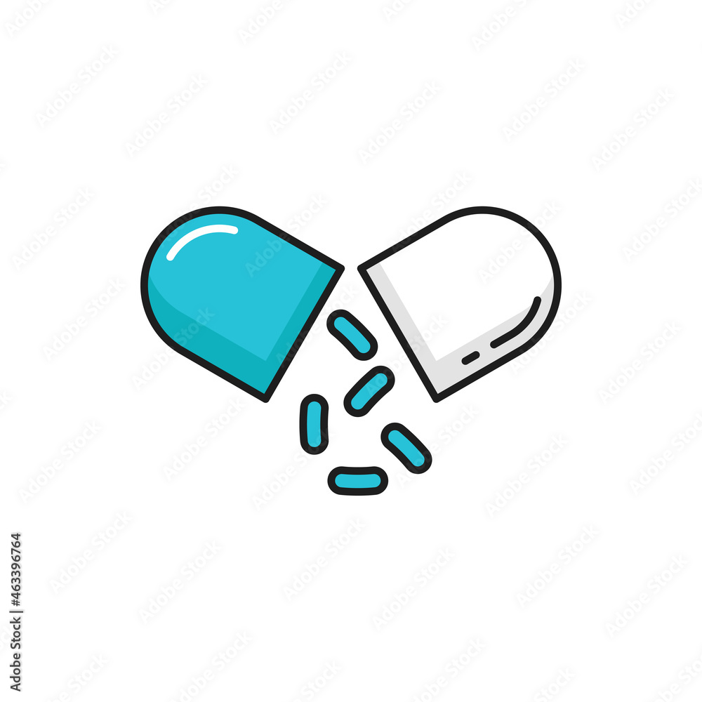 Split capsule, probiotics ad isolated good gut bacteria color line icon. Vector bifidobacterium with microorganisms spilling out, immune digestive health prebiotics, immunity drugs, supplement Split capsule, probiotics ad isolated good gut bacteria color line icon. Vector bifidobacterium with microorganisms spilling out, immune digestive health prebiotics, immunity drugs, supplement