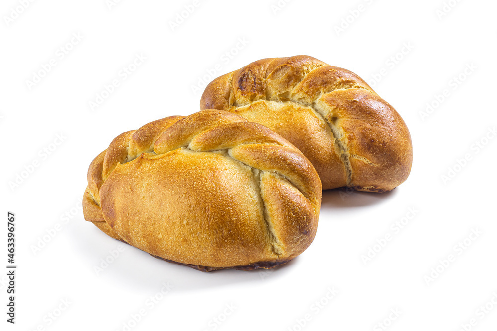 Pies with filling, with a golden crust on a white background