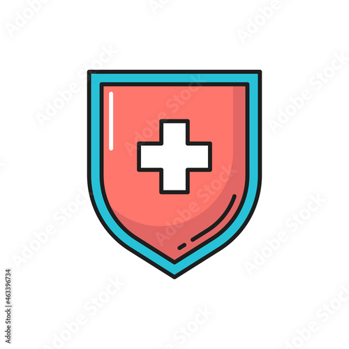 Shield with medical cross isolated color line icon. Vector virus, probiotic, lactobacillus and prebiotic bacteria guard badge. Health protection, healthcare security, safety system, insurance