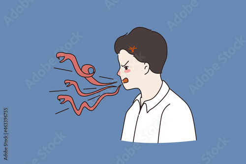 Angry furious man talk snakes and lizards. Mad enraged male talk gossip and lie. Outraged guy long evil tongue speaking. Gossiper, liar. Chatterbox. Cartoon character. Flat vector illustration. 