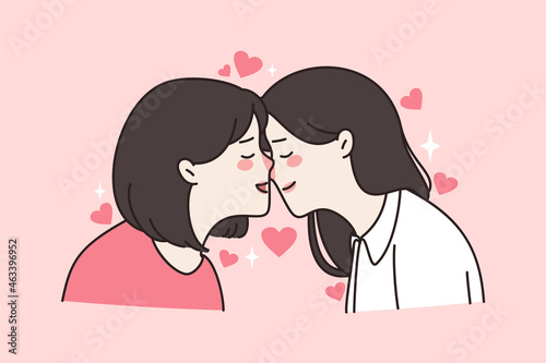 Women lovers lesbians kiss show love affection. Homosexual couple of girls demonstrate feelings. LGBT society rights, homosexuality concept. Cartoon character, flat vector illustration. 