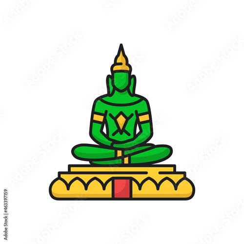 Emerald Buddha Phra Kaeo Morakot Phra Phuttha Maha Mani Rattana Patimakon in meditation isolated color line icon. Vector symbol of Thailand religion, buddhism spiritual man in zen, meditation spirit photo