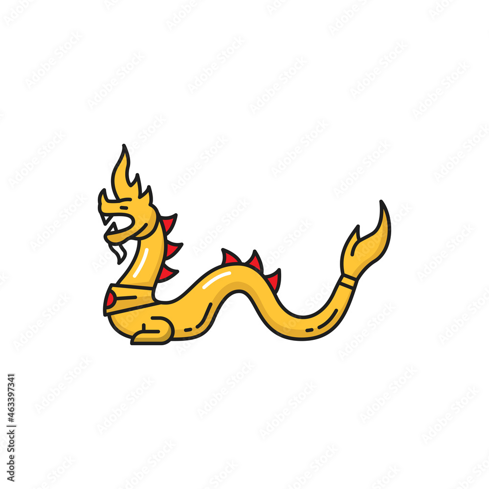 Golden Naga woodcarving, Thailand dragon or snake isolated color line icon. Vector mythical beast, snake serpent creature, oriental culture legendary mythological monster. Japanese religion mascot - obrazy, fototapety, plakaty 