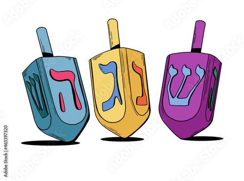 colored and bright dreidels in cartoon graphic style with symbols