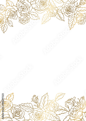 薔薇の花を装飾したデザインのフレーム テンプレート素材 金色の線画 白い背景