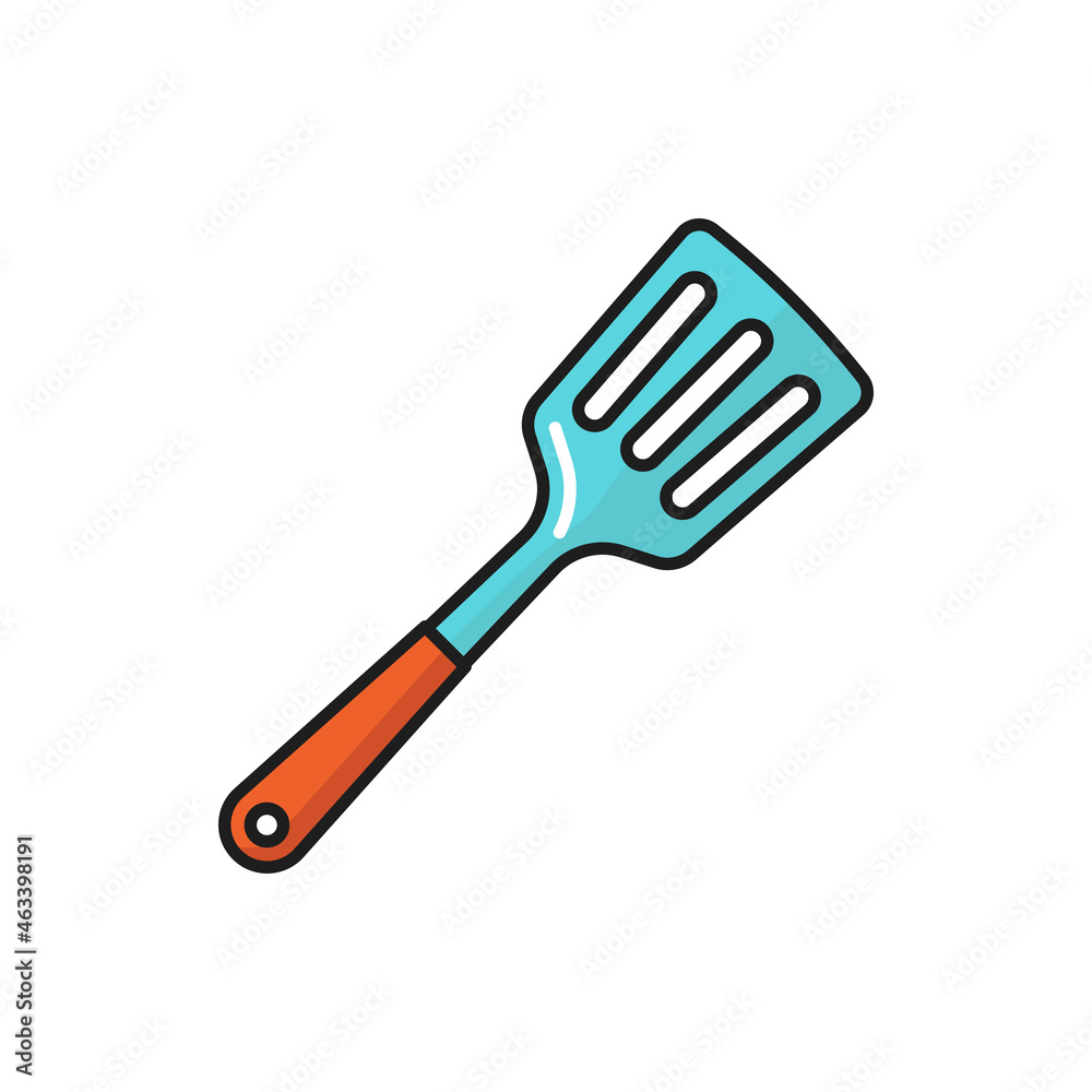 Spatula with wood handle isolated kitchen utensil color line icon. Vector household dishware to mix, lift, flip food during cooking. Slotted metal, plastic wood spatula, kitchen utensil, kitchenware Spatula with wood handle isolated kitchen utensil color line icon. Vector household dishware to mix, lift, flip food during cooking. Slotted metal, plastic wood spatula, kitchen utensil, kitchenware