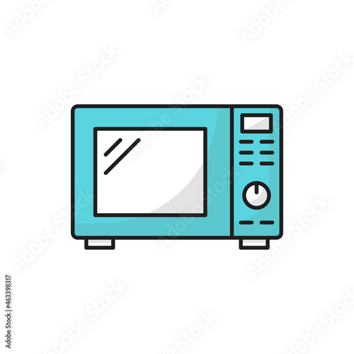 Household appliance electric microwave oven isolated blue color line icon. Vector kitchenware equipment, cooking utensil sign. Electric kitchen machine with timer to heat, cook or warm up food