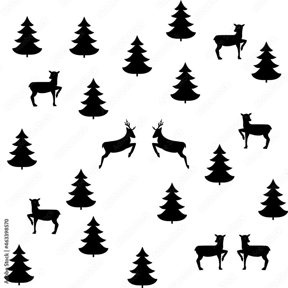 Obraz premium Black deer and tree chaotic seamless pattern.