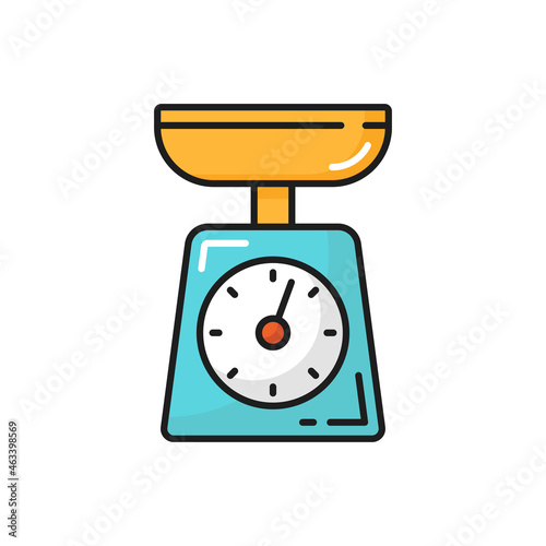 Kitchen scales food measuring device isolated color line icon. Vector weighing libra appliances, culinary measure tool. Food measuring device, kitchenware equipment, equilibrium ounce weight balance
