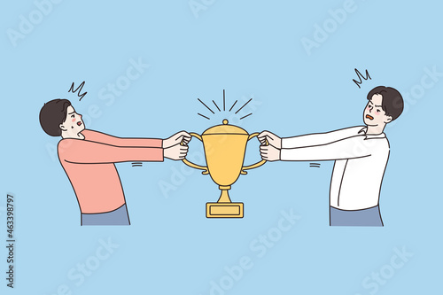 Stubborn selfish businessmen fight for golden cup trophy. Angry envious men argue for gold prize, strive for leadership. Success and victory concept. Rivalry and competition. Vector illustration. 