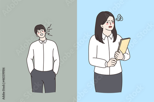 Man employee shout scream rude abusive words to female colleague at workplace. Gender sex gap in office. male worker offend woman coworker. Sexual harassment, discrimination. Vector illustration. 